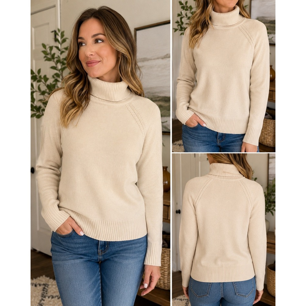 Madison Studio Turtleneck Sweater Beige Cotton Braided Detail Classic Small